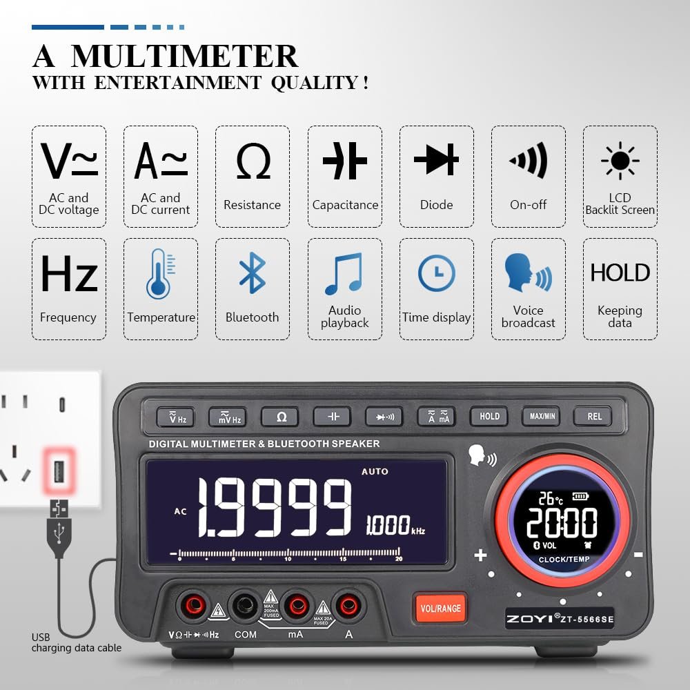 Zoyi ZT-5566SE Multifunctional Digital Multimeter with Bluetooth Speaker, True RMS, Temperature & Capacitance Measurement - Image 4
