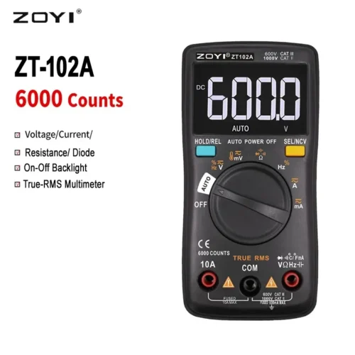 Zoyi ZT-102A Multimeter Auto Ranging 6000 counts AC/DC Ammeter Voltmeter Ohm Hz Ture RMS Tester Portable Multimeter